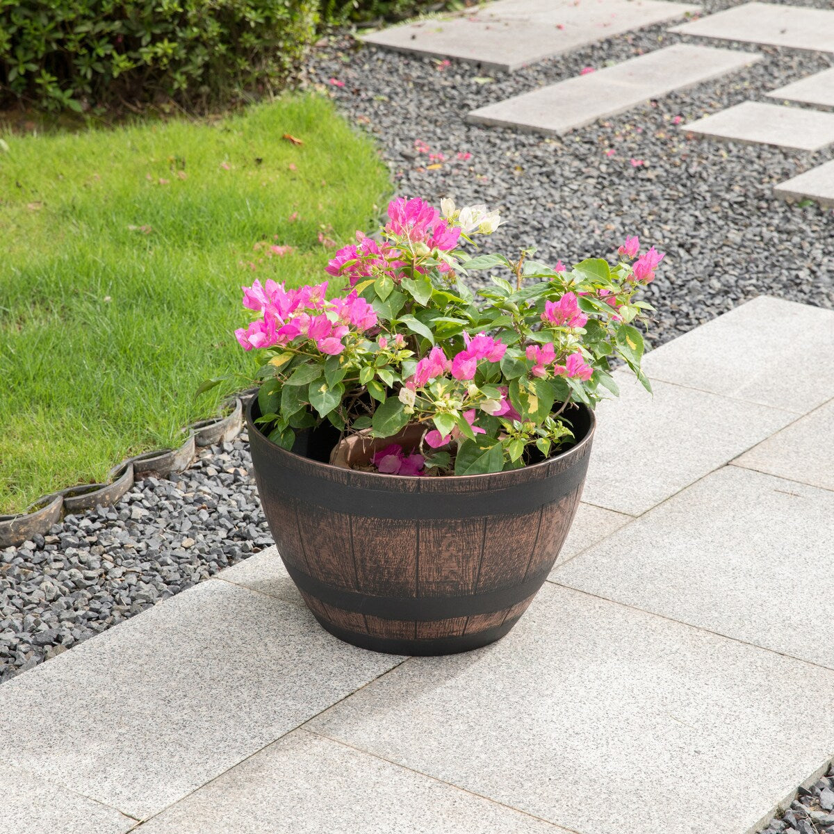 Brown Outdoor Rustic Half Barrel Flower Garden Planter Bowl, Plastic