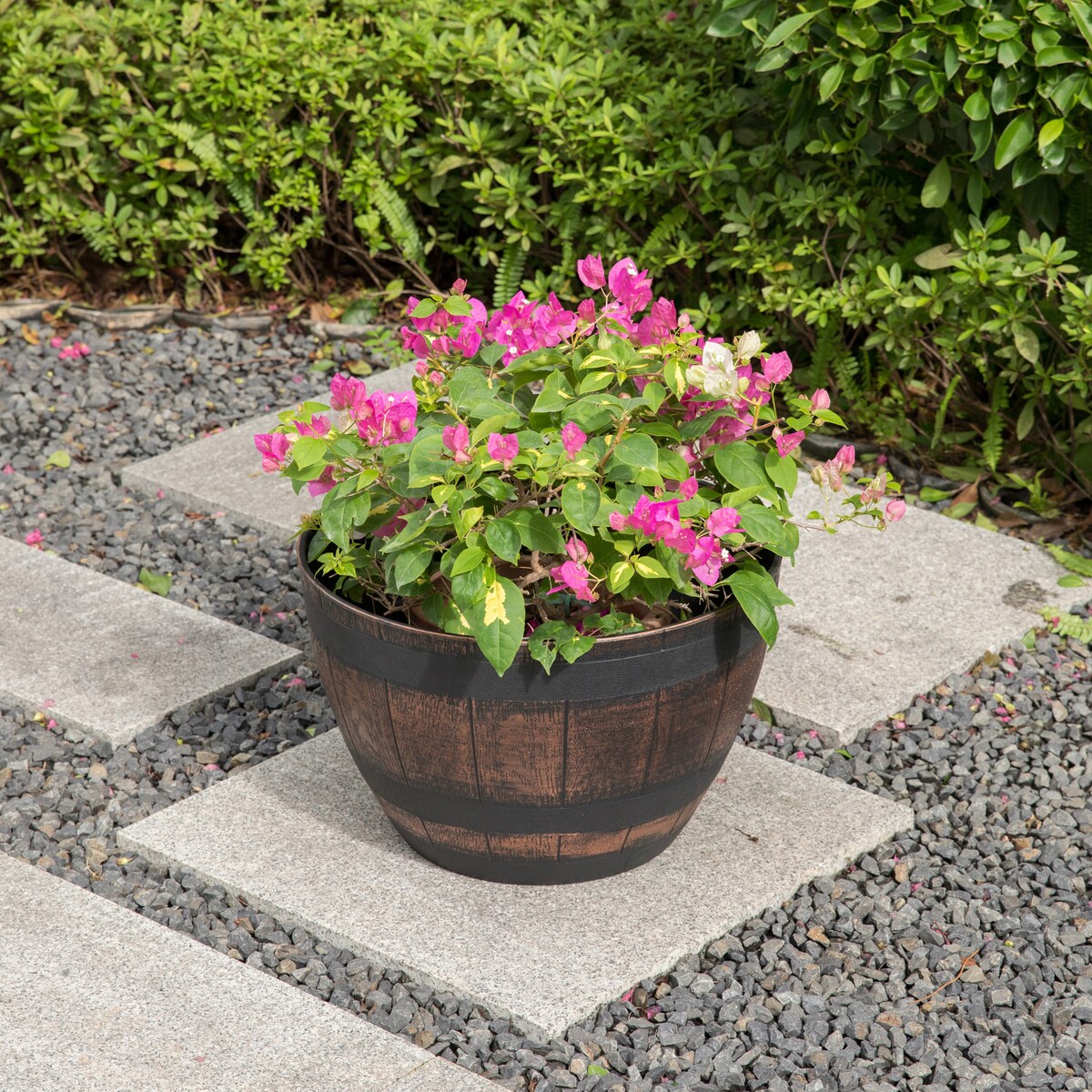 Brown Outdoor Rustic Half Barrel Flower Garden Planter Bowl, Plastic