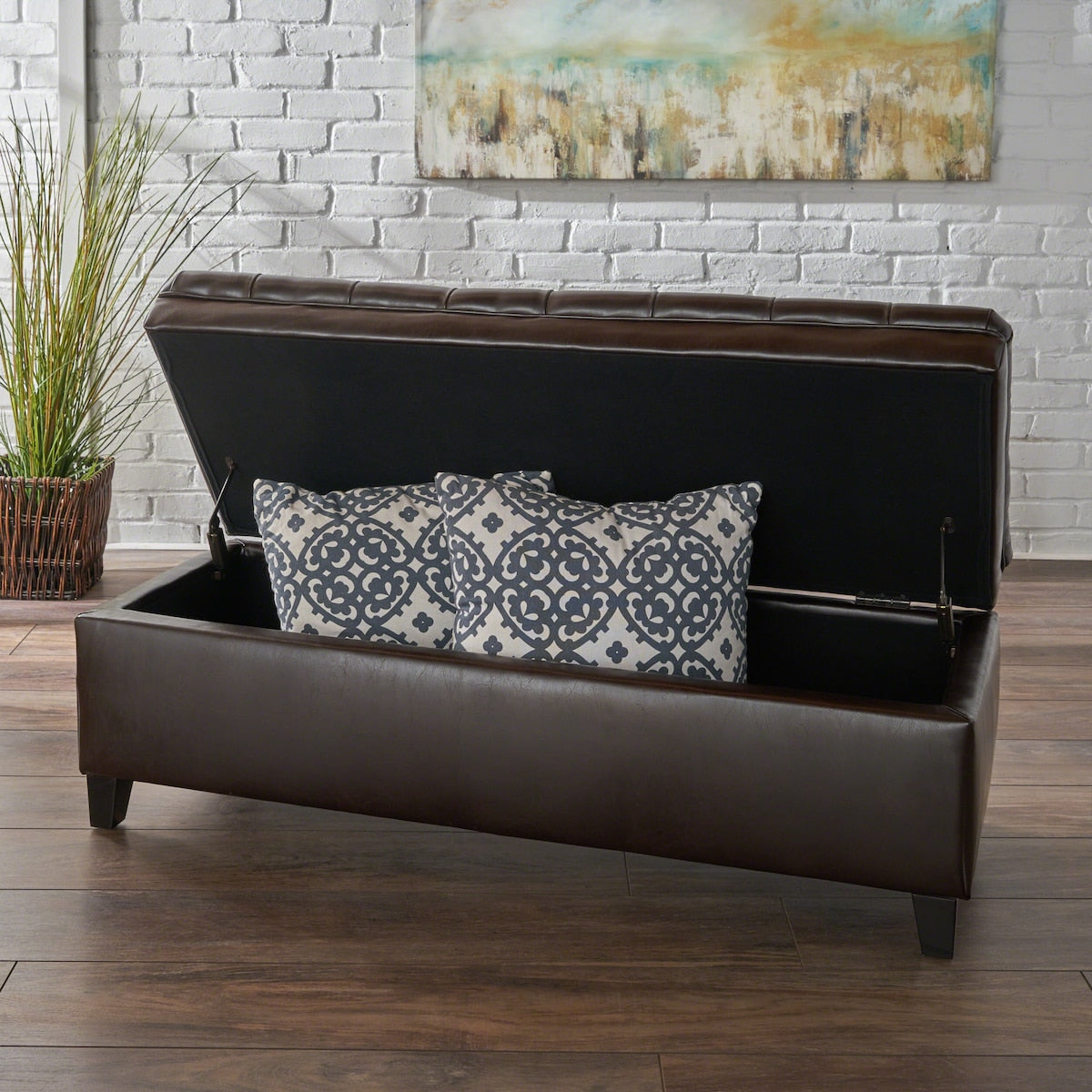 Brown PU Storage Ottoman with Tufted Top