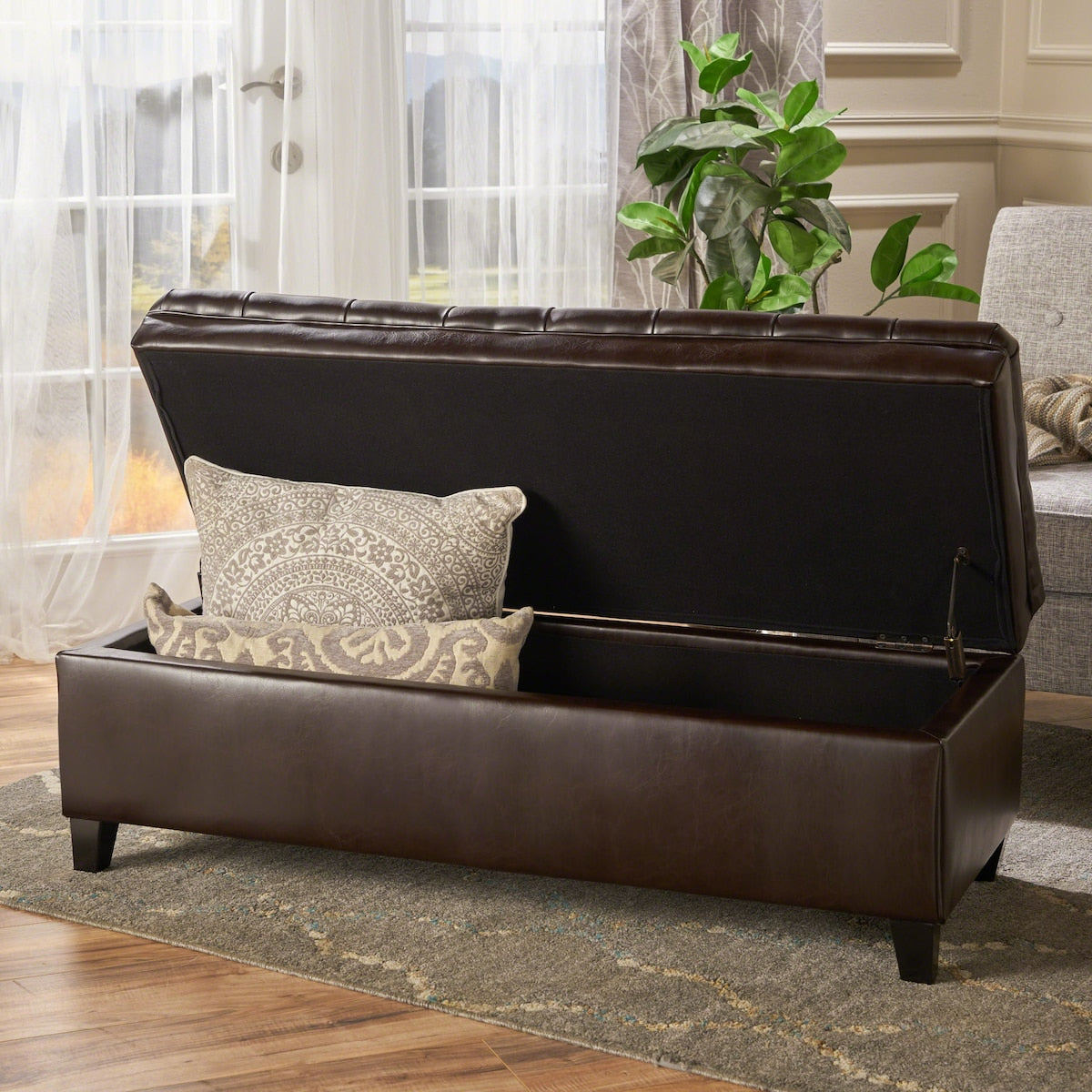 Brown PU Storage Ottoman with Tufted Top