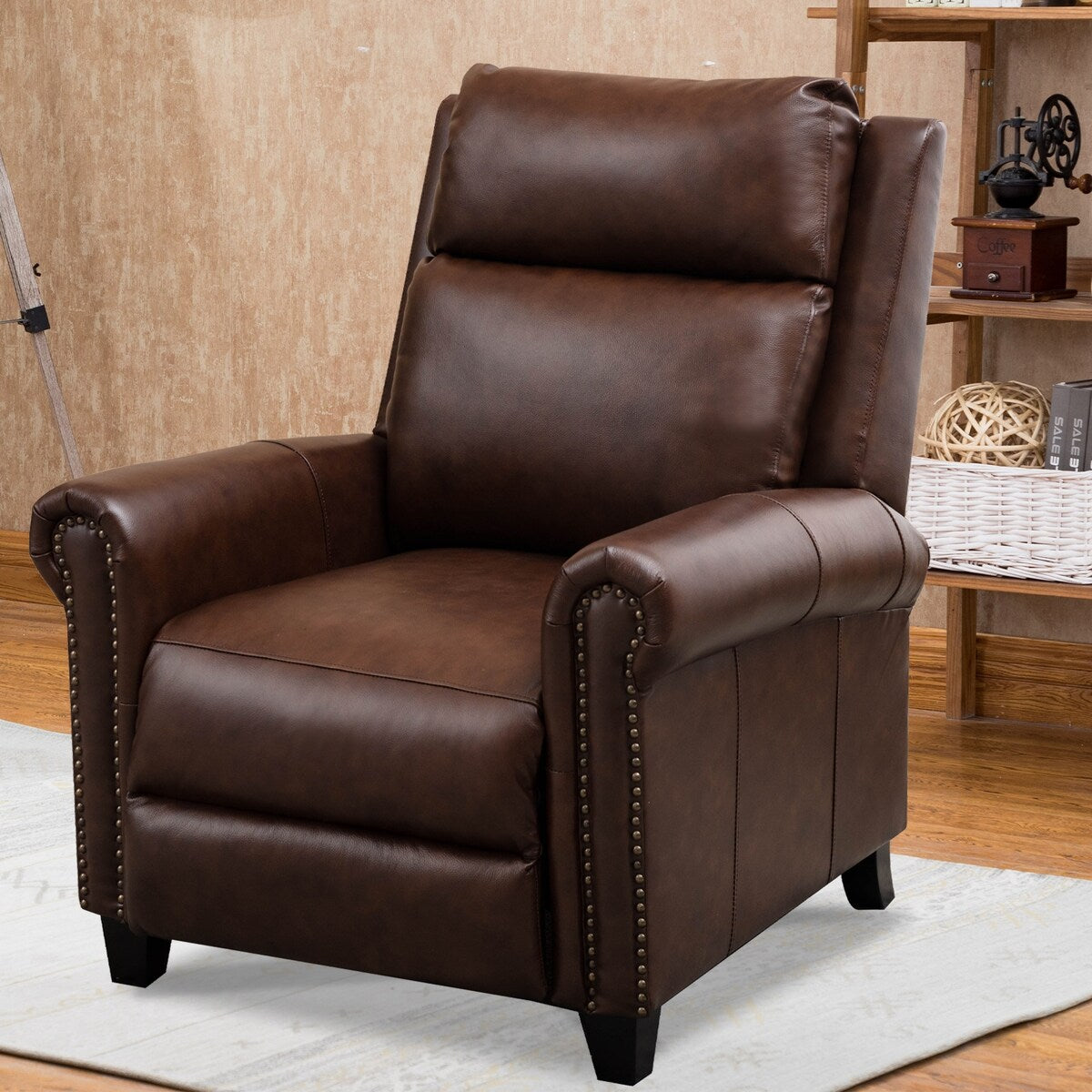 Brown Small Space Genuine Leather Manual Recliner