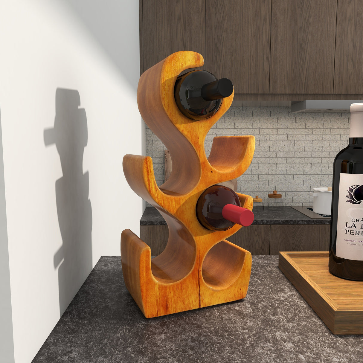 Brown Teak Wood Curved Tree Shaped 6 Bottle Wine Rack