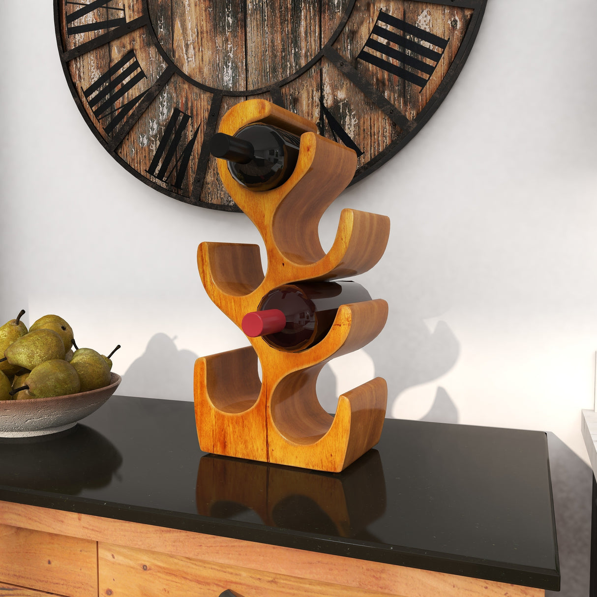 Brown Teak Wood Curved Tree Shaped 6 Bottle Wine Rack