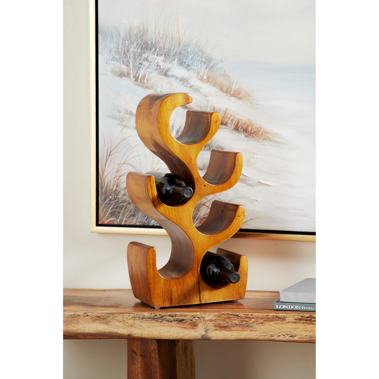 Brown Teak Wood Curved Tree Shaped 6 Bottle Wine Rack