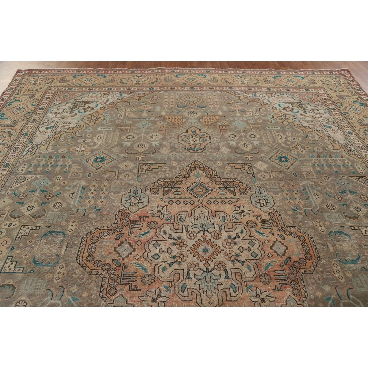 Brown Vintage Tabriz Persian Area Rug Hand-Knotted Wool Carpet - 9'7" x 12'10"