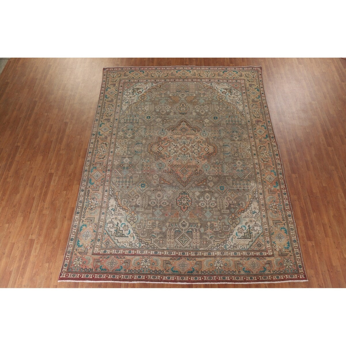 Brown Vintage Tabriz Persian Area Rug Hand-Knotted Wool Carpet - 9'7" x 12'10"