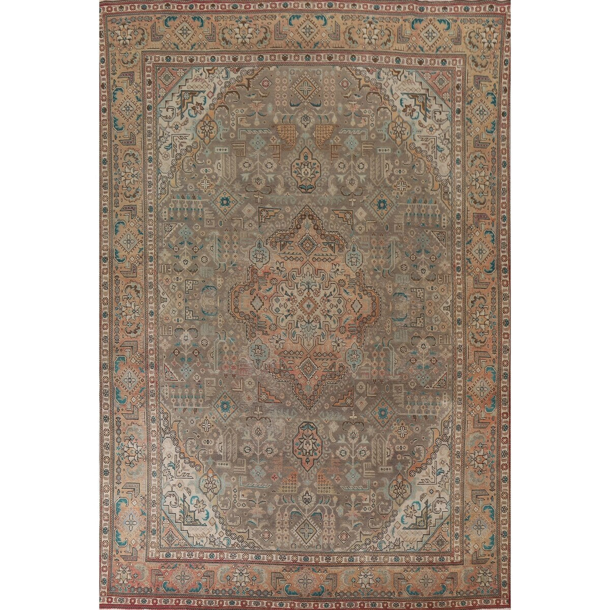 Brown Vintage Tabriz Persian Area Rug Hand-Knotted Wool Carpet - 9'7" x 12'10"