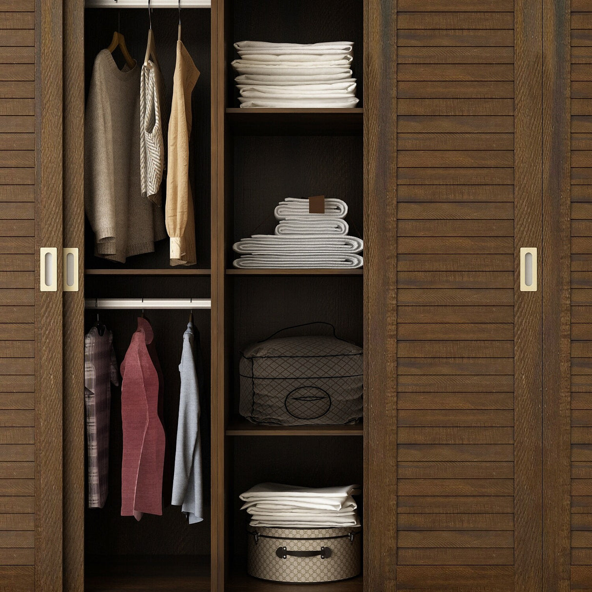 Brown Wardrobe Armoire with Drawers, Hanging Rod 4 Sliding Doors