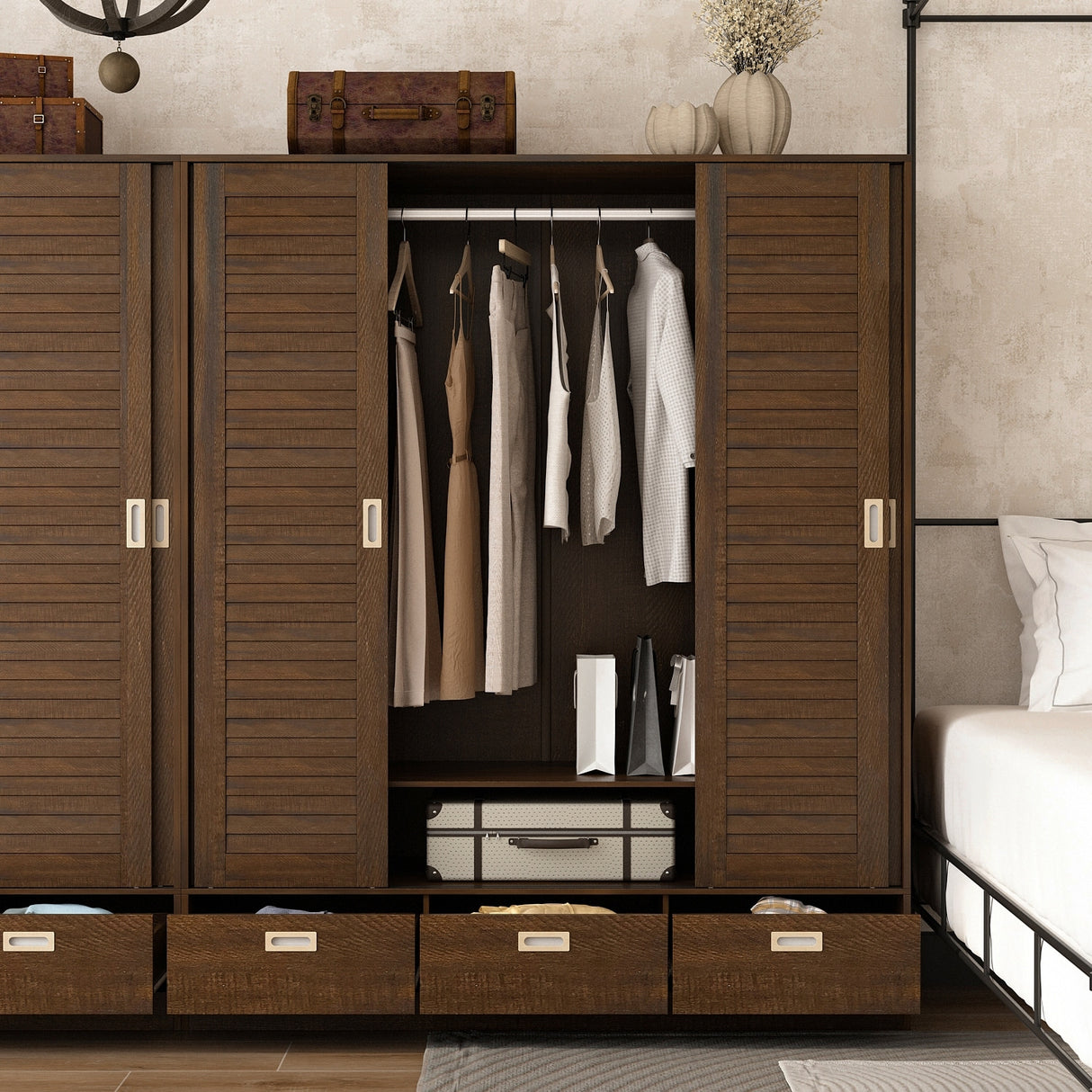 Brown Wardrobe Armoire with Drawers, Hanging Rod 4 Sliding Doors