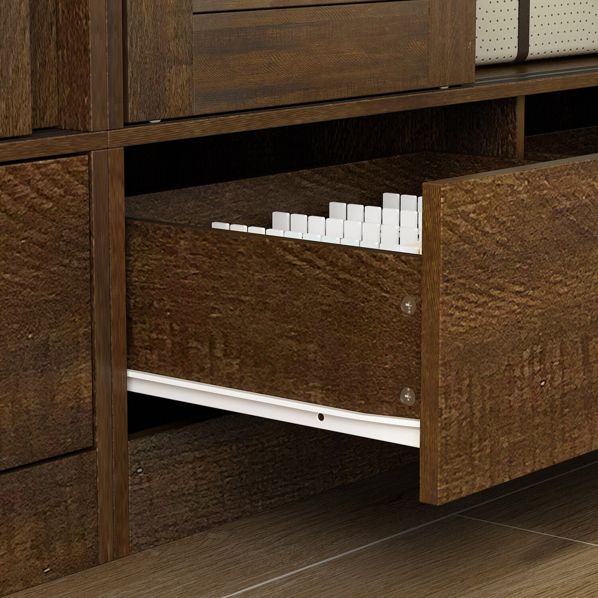 Brown Wardrobe Armoire with Drawers, Hanging Rod 4 Sliding Doors