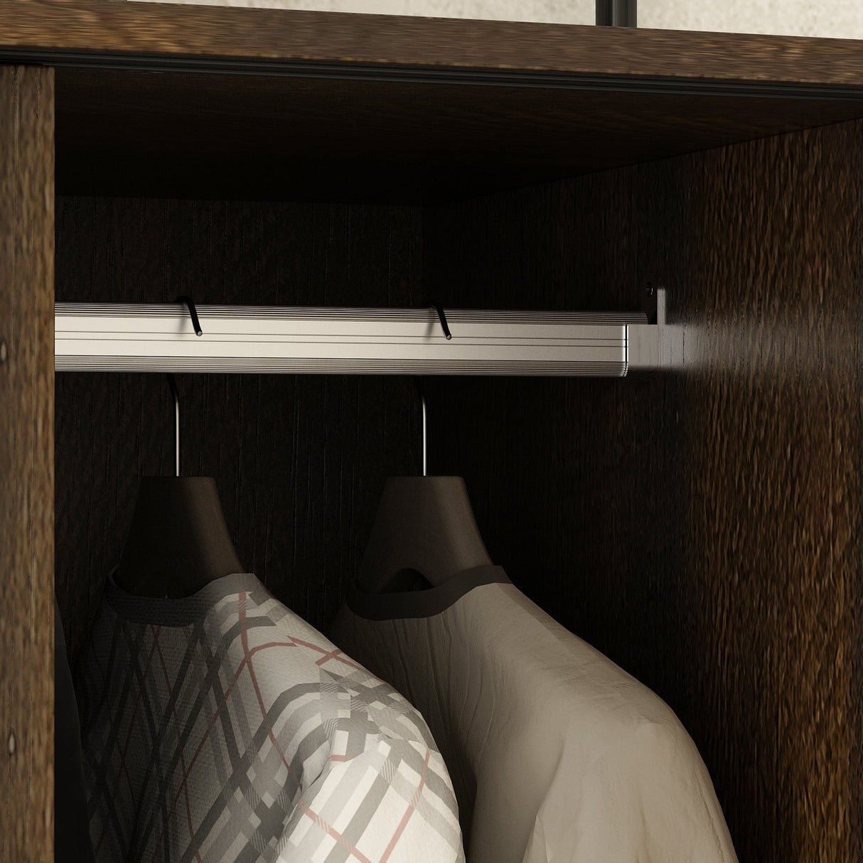 Brown Wardrobe Armoire with Drawers, Hanging Rod 4 Sliding Doors