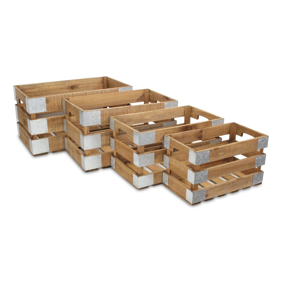 Brown Wood Crate with Metal Accent and Studs (Set of 4)