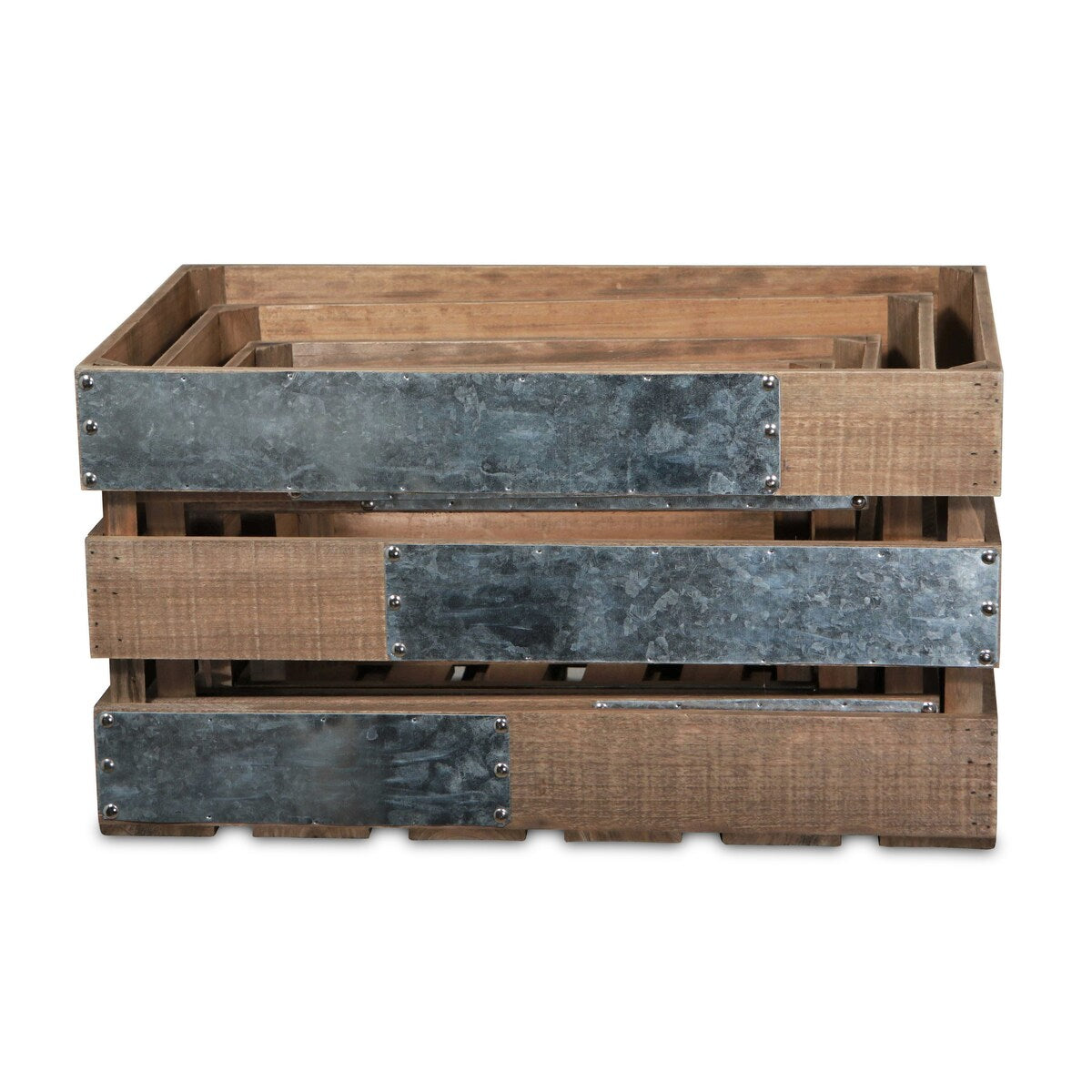 Brown Wood Crate with Metal Accent and Studs (Set of 4)