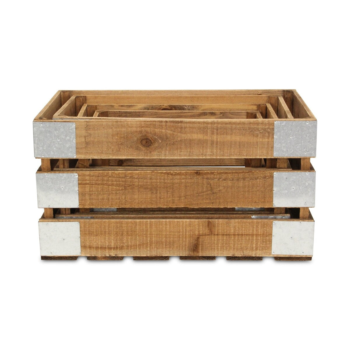 Brown Wood Crate with Metal Accent and Studs (Set of 4)