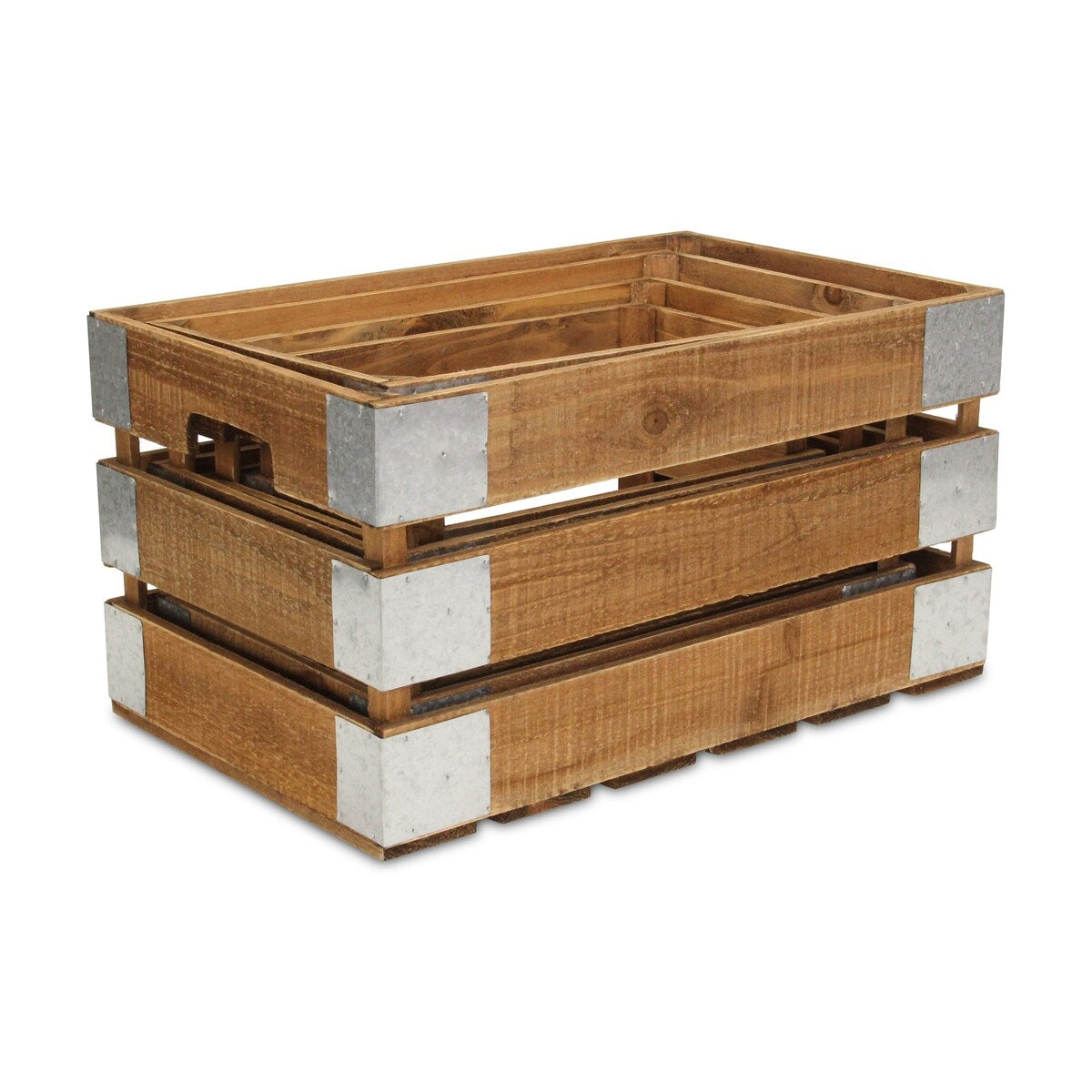 Brown Wood Crate with Metal Accent and Studs (Set of 4)