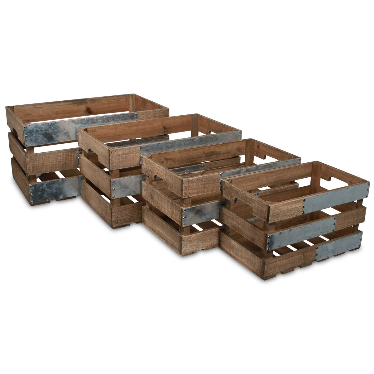 Brown Wood Crate with Metal Accent and Studs (Set of 4)