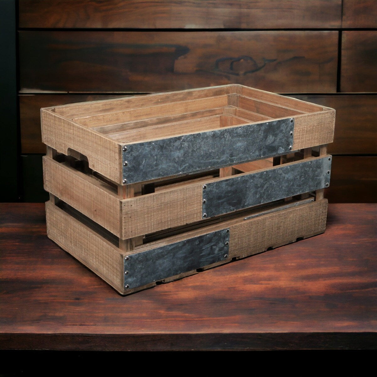Brown Wood Crate with Metal Accent and Studs (Set of 4)