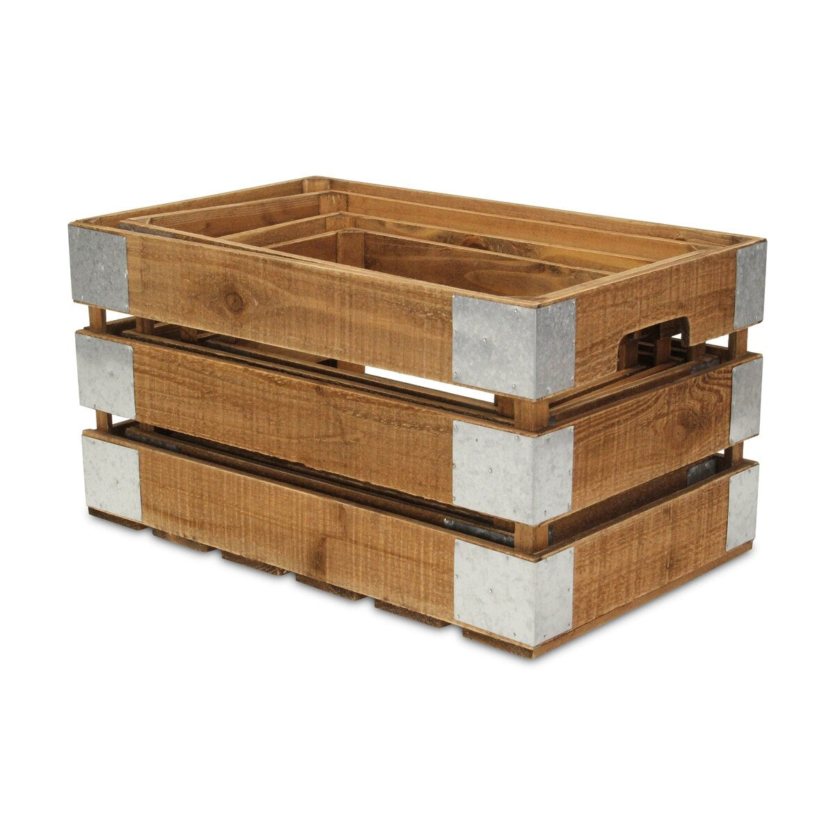 Brown Wood Crate with Metal Accent and Studs (Set of 4)
