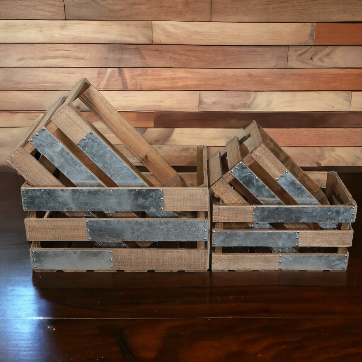 Brown Wood Crate with Metal Accent and Studs (Set of 4)