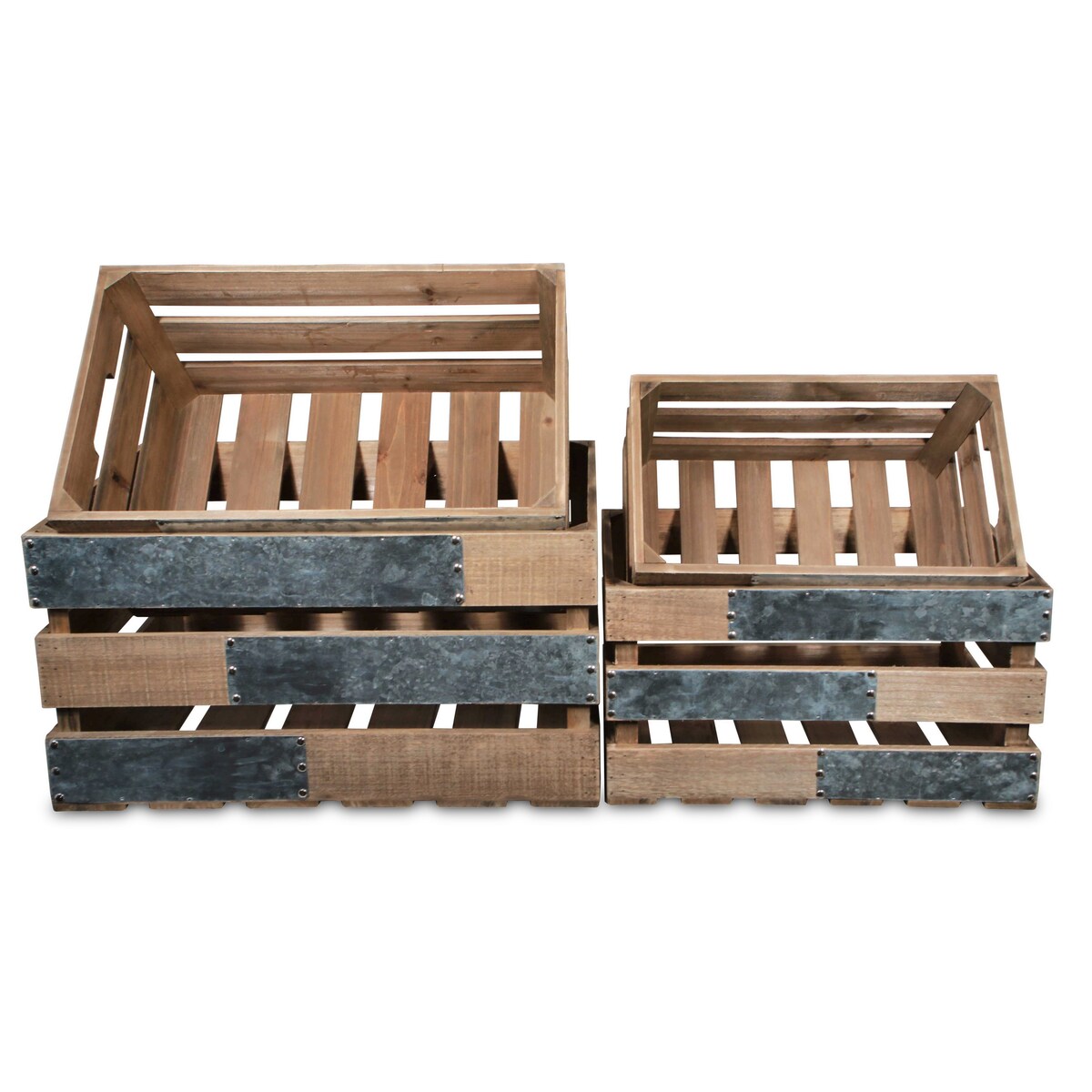 Brown Wood Crate with Metal Accent and Studs (Set of 4)