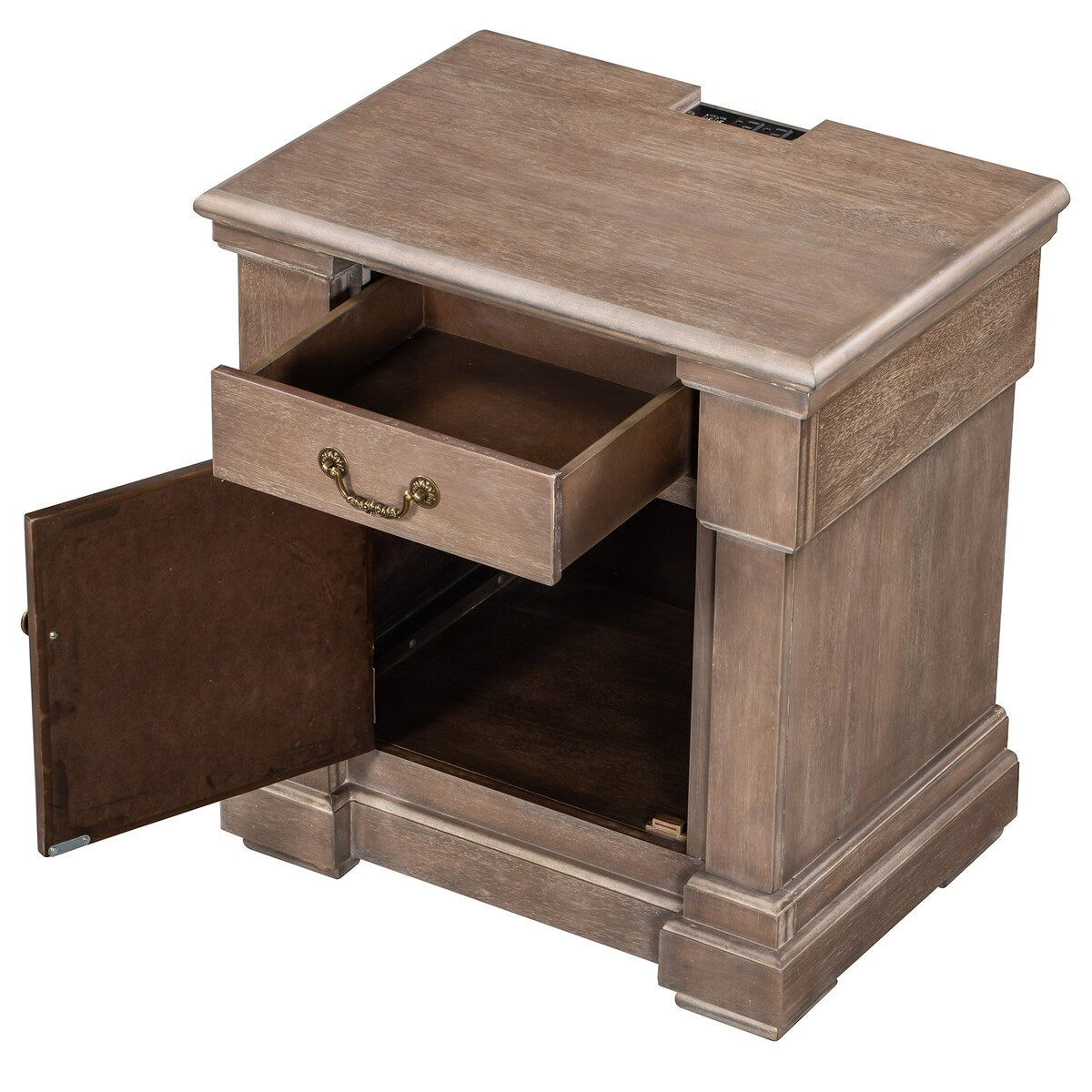 Brown Wood Nightstand with 1 Drawer and Cabinet - USB Charging Ports - Living Room - Bedroom