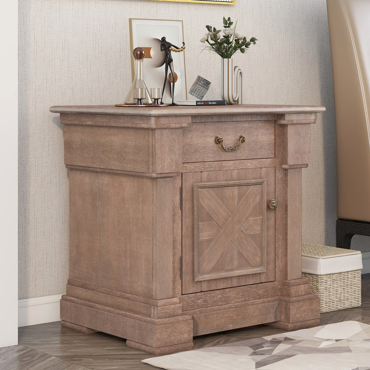 Brown Wood Nightstand with 1 Drawer and Cabinet - USB Charging Ports - Living Room - Bedroom