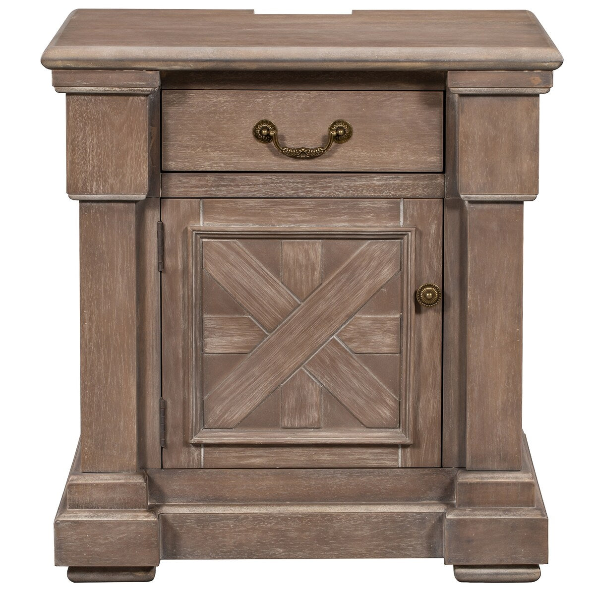 Brown Wood Nightstand with 1 Drawer and Cabinet - USB Charging Ports - Living Room - Bedroom
