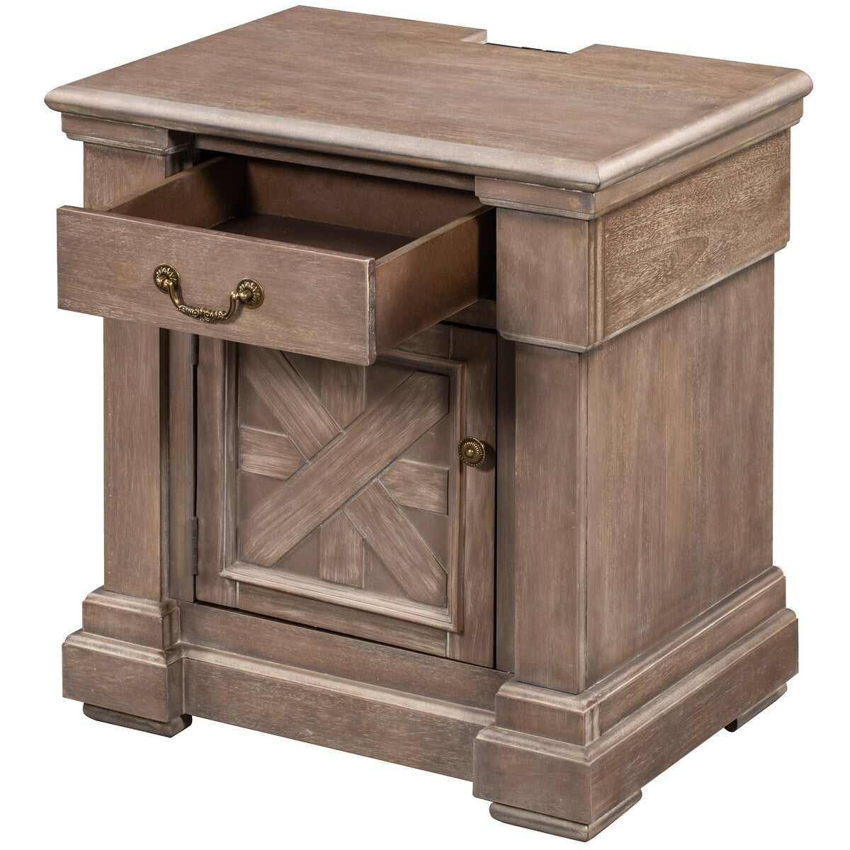 Brown Wood Nightstand with 1 Drawer and Cabinet - USB Charging Ports - Living Room - Bedroom