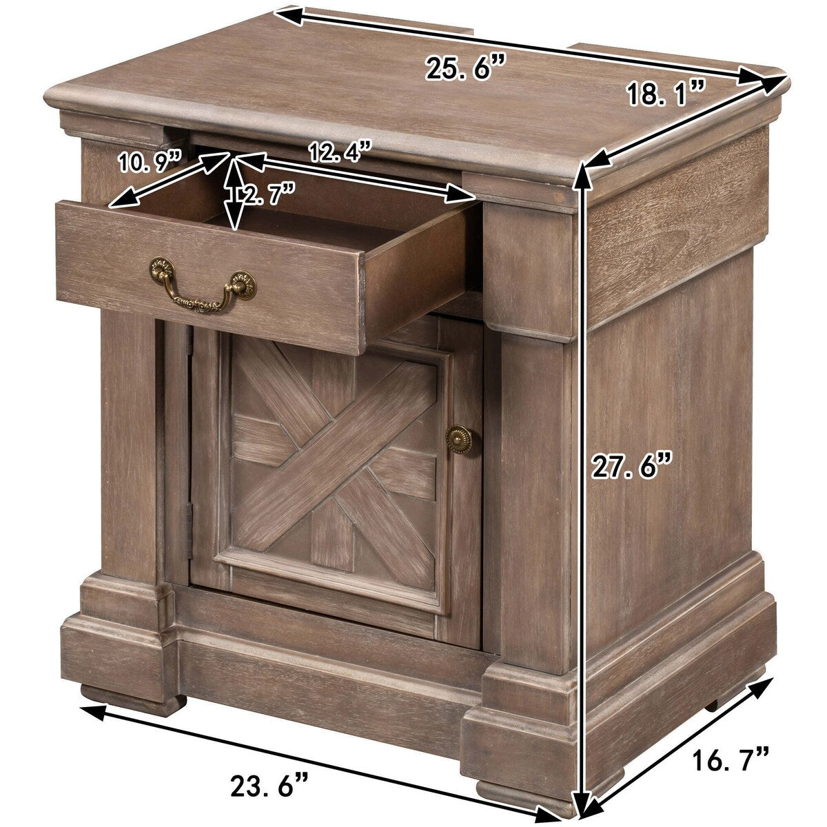 Brown Wood Nightstand with 1 Drawer and Cabinet - USB Charging Ports - Living Room - Bedroom