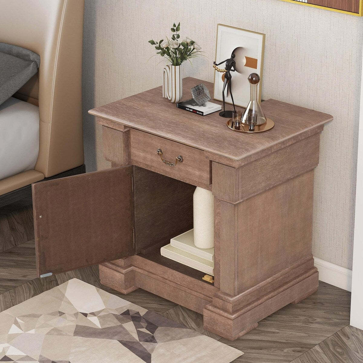 Brown Wood Nightstand with 1 Drawer and Cabinet - USB Charging Ports - Living Room - Bedroom