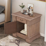 Brown Wood Nightstand with 1 Drawer and Cabinet - USB Charging Ports - Living Room - Bedroom
