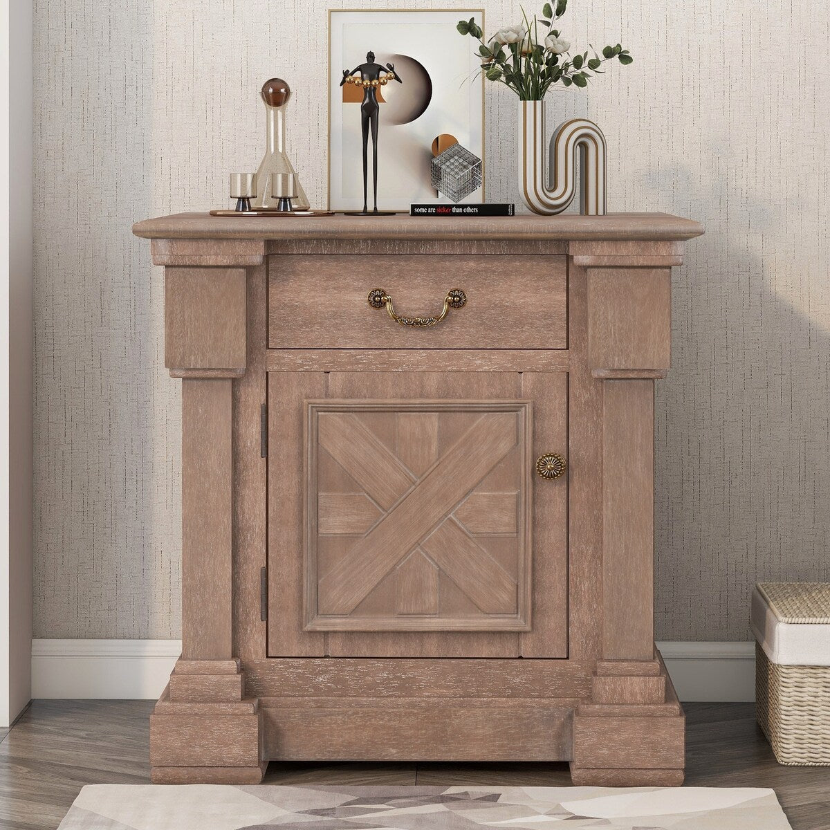 Brown Wood Nightstand with 1 Drawer and Cabinet - USB Charging Ports - Living Room - Bedroom