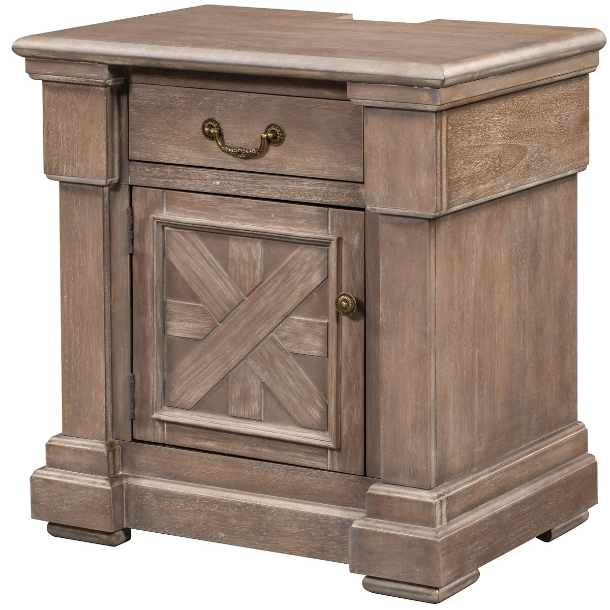 Brown Wood Nightstand with 1 Drawer and Cabinet - USB Charging Ports - Living Room - Bedroom