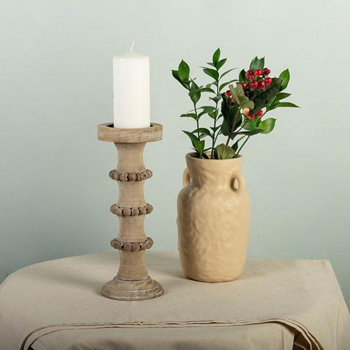 Brown Wood With Beads Column Candle Holder