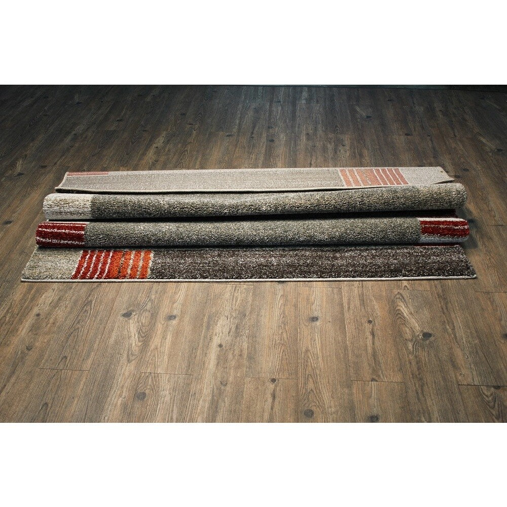 Brown with Red, Rust & Ivory Contemporary Design Area Rug - 5'3 x 7'5
