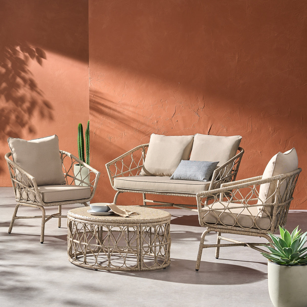Bruce Outdoor Outdoor Wicker 4 Seater Chat Set with Cushions by Christopher Knight Home