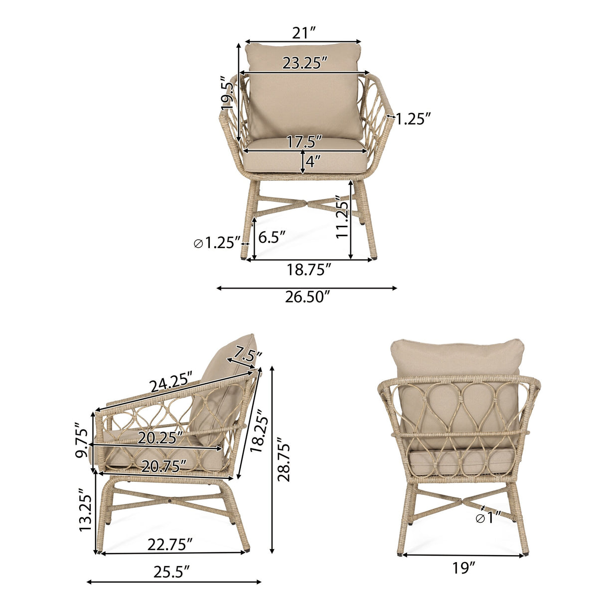 Bruce Outdoor Outdoor Wicker 4 Seater Chat Set with Cushions by Christopher Knight Home