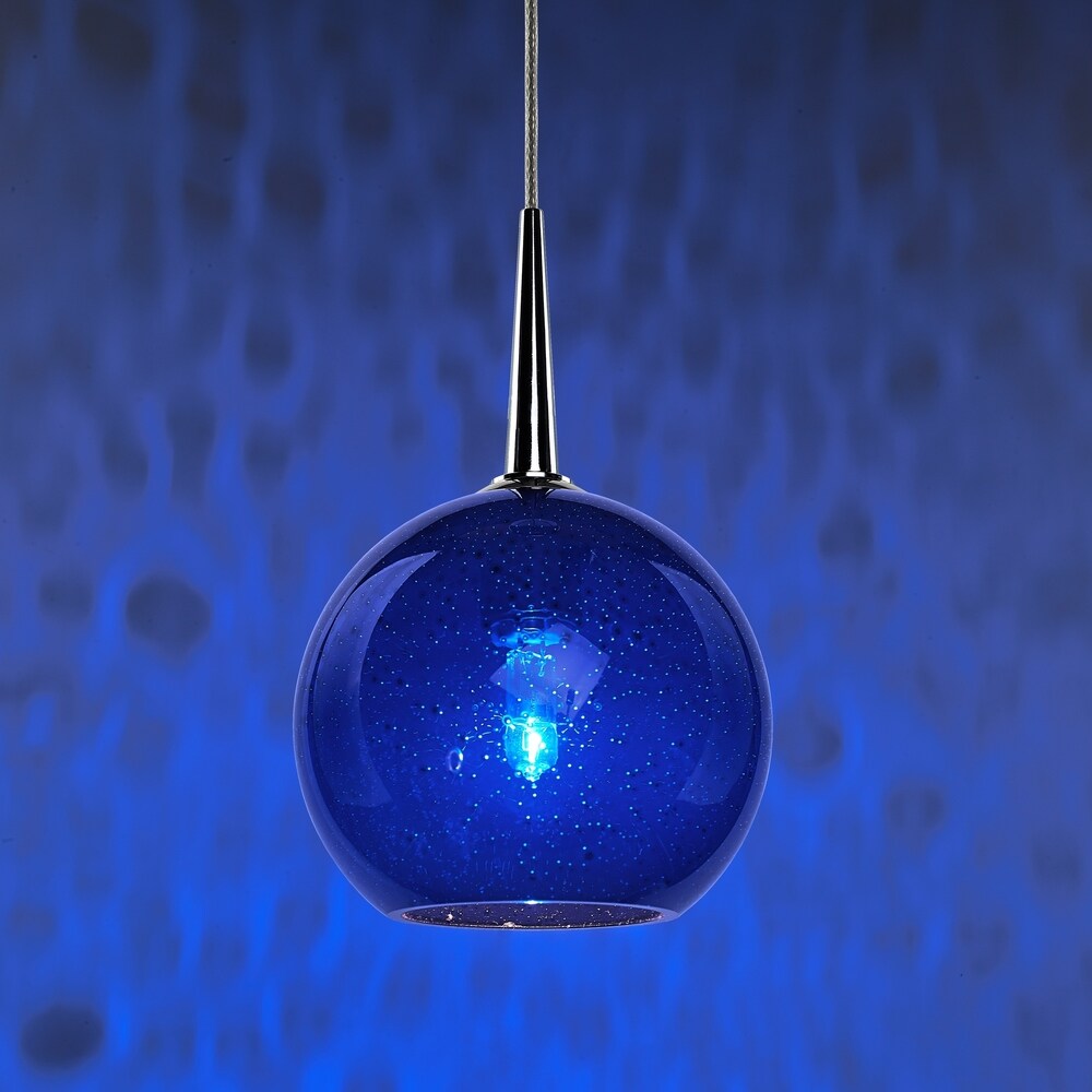 Bruck Lighting Bobo Chrome Line Voltage Pendant with Blue Bubble Hand Made Glass - Silver