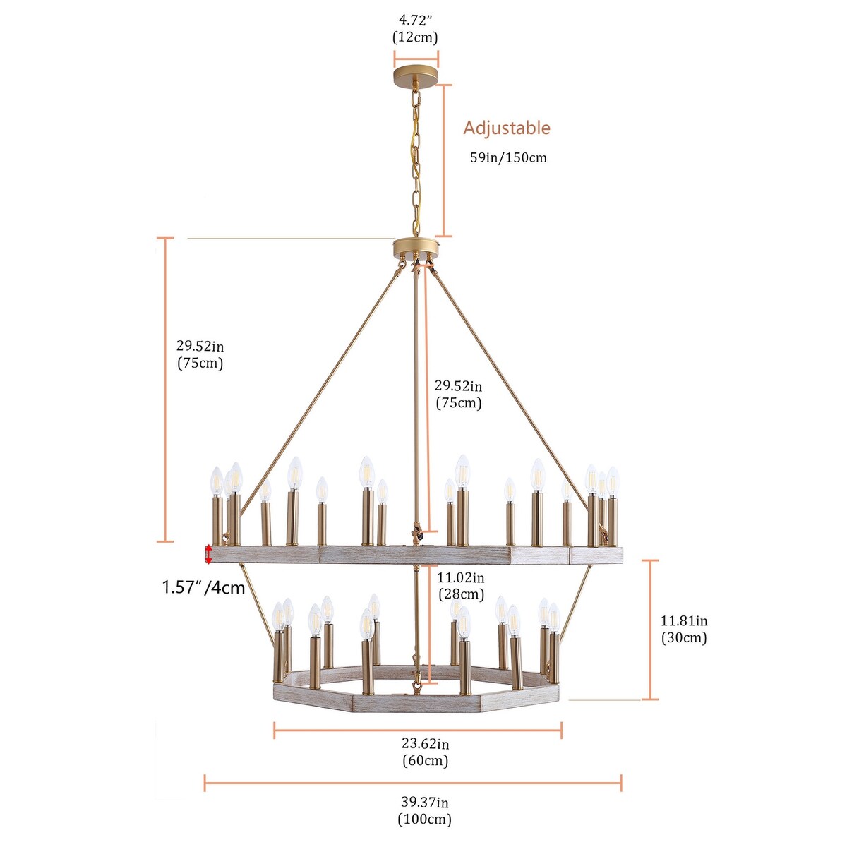 Brushed Gold 28-Light Candle Style 2-Tier Wagon Wheel Chandelier