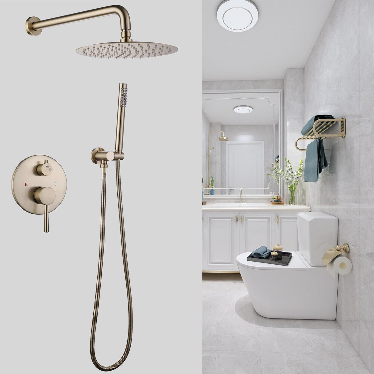 Brushed Gold Rain Shower System Wall Mount Rain Shower Head With Handheld Shower Combo Set Rough-In Valve