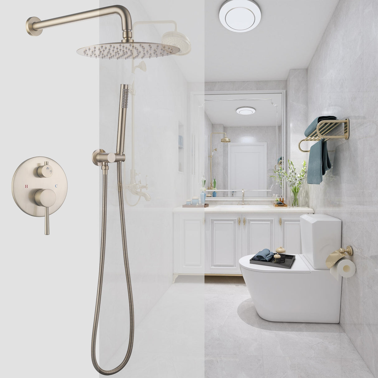 Brushed Gold Rain Shower System Wall Mount Rain Shower Head With Handheld Shower Combo Set Rough-In Valve