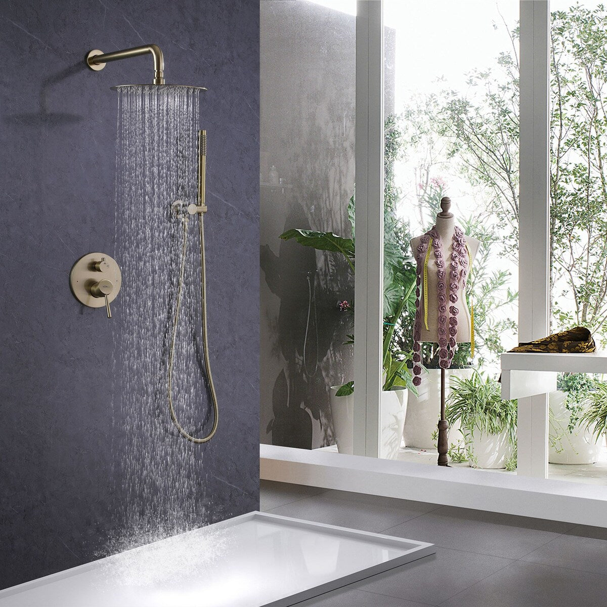 Brushed Gold Round Double Handle Dual Function Bathroom Shower Set