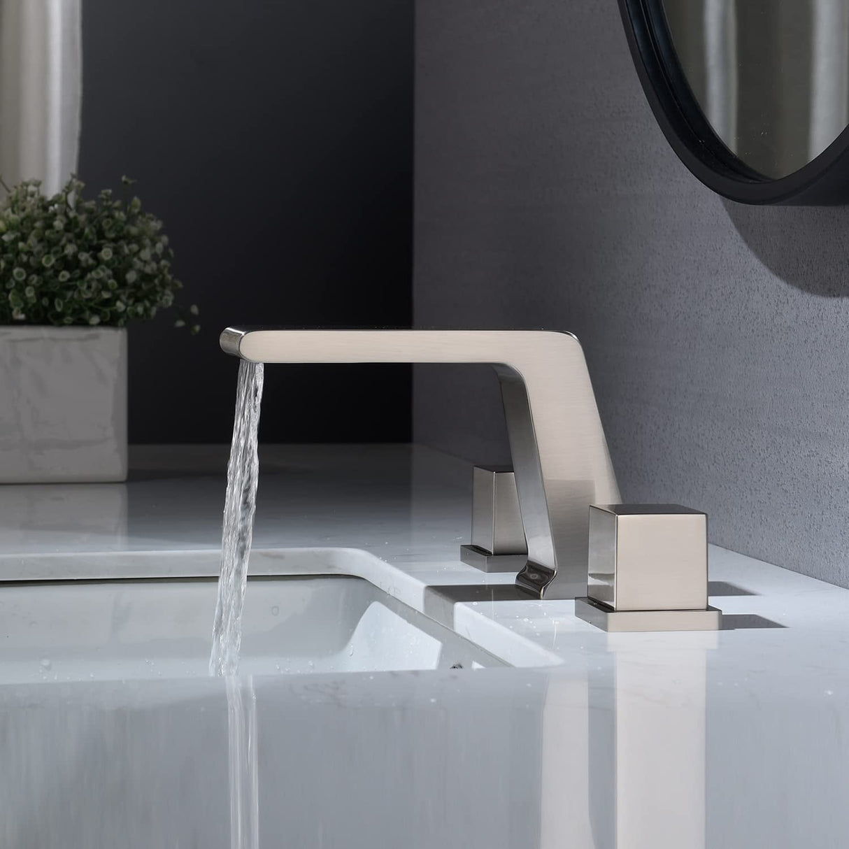 Brushed Nickel 3 holes two handles Waterfall bathroom Sink Faucet with brass pop up overflow Drain