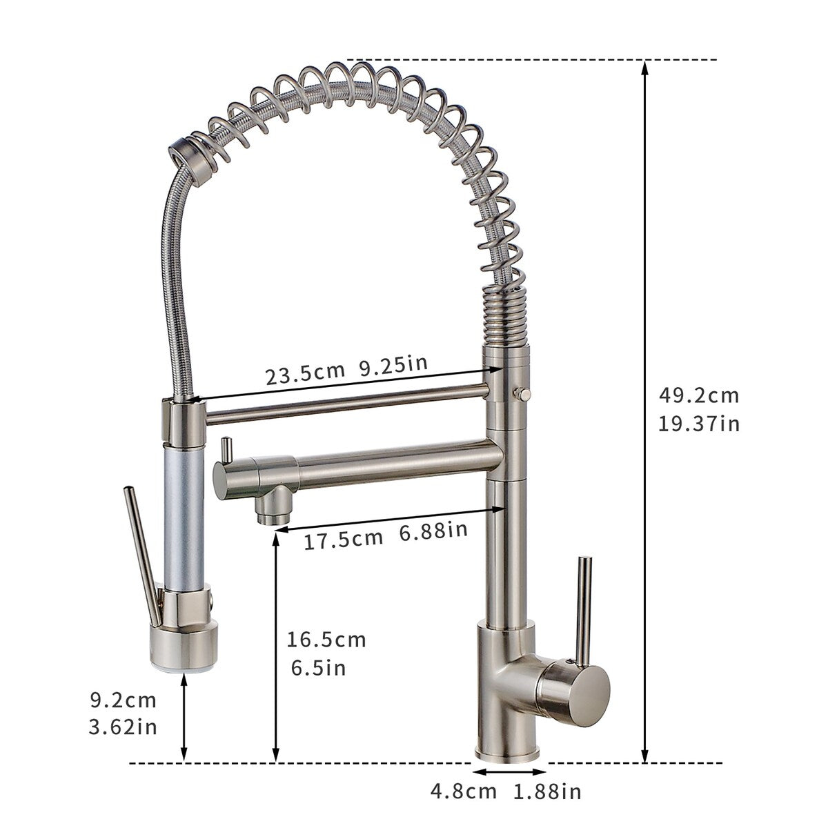 Brushed Nickel High Spring Double Outlets Pull-down Kitchen Faucet
