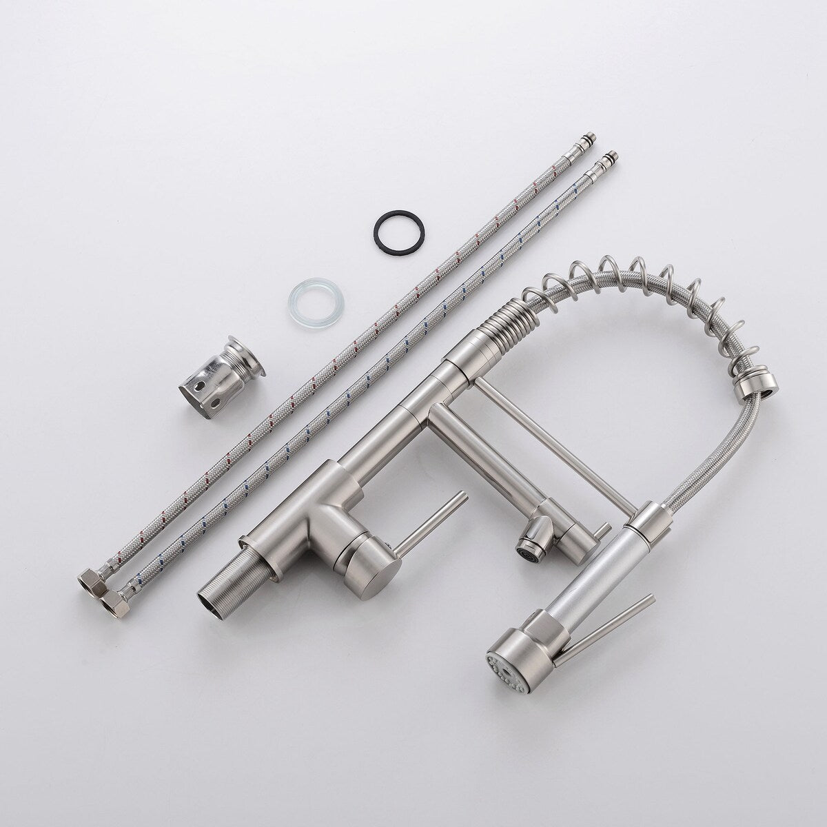 Brushed Nickel High Spring Double Outlets Pull-down Kitchen Faucet