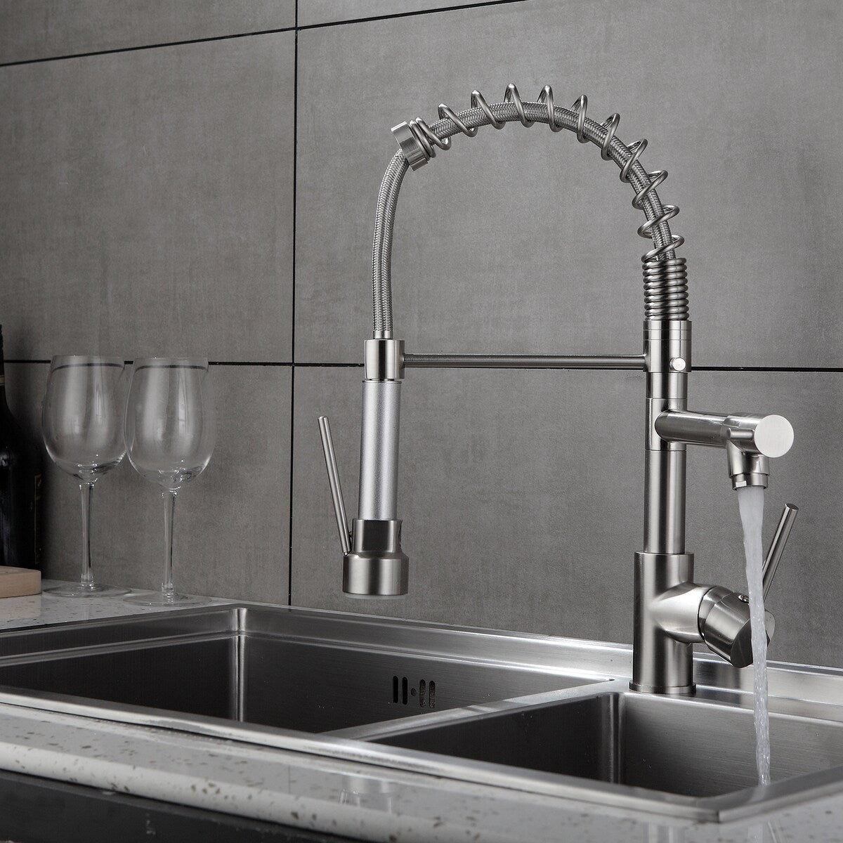 Brushed Nickel High Spring Double Outlets Pull-down Kitchen Faucet