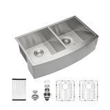 Brushed Nickel Stainless Steel Double Bowl Farmhouse Kitchen Sink with Sink Grid