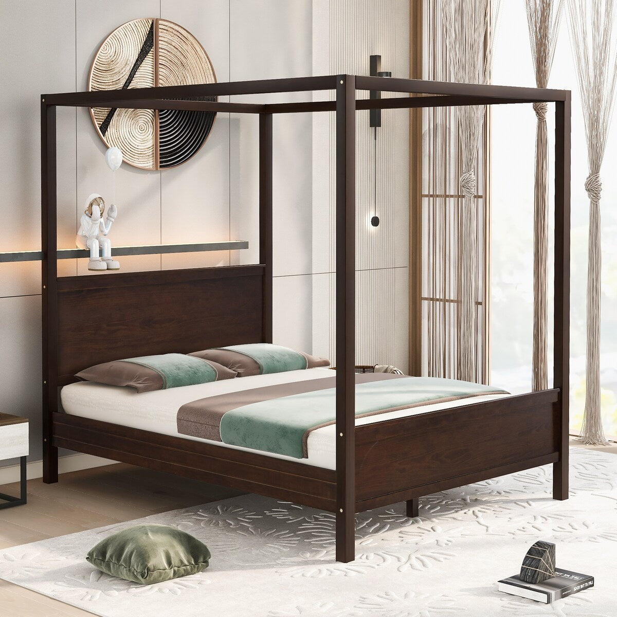 Brushed Queen Wood Canopy Bed Panel Platform Bed with Headboard&Full-length Top Rail&4 Column for Self Customized Decoration