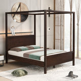 Brushed Queen Wood Canopy Bed Panel Platform Bed with Headboard&Full-length Top Rail&4 Column for Self Customized Decoration