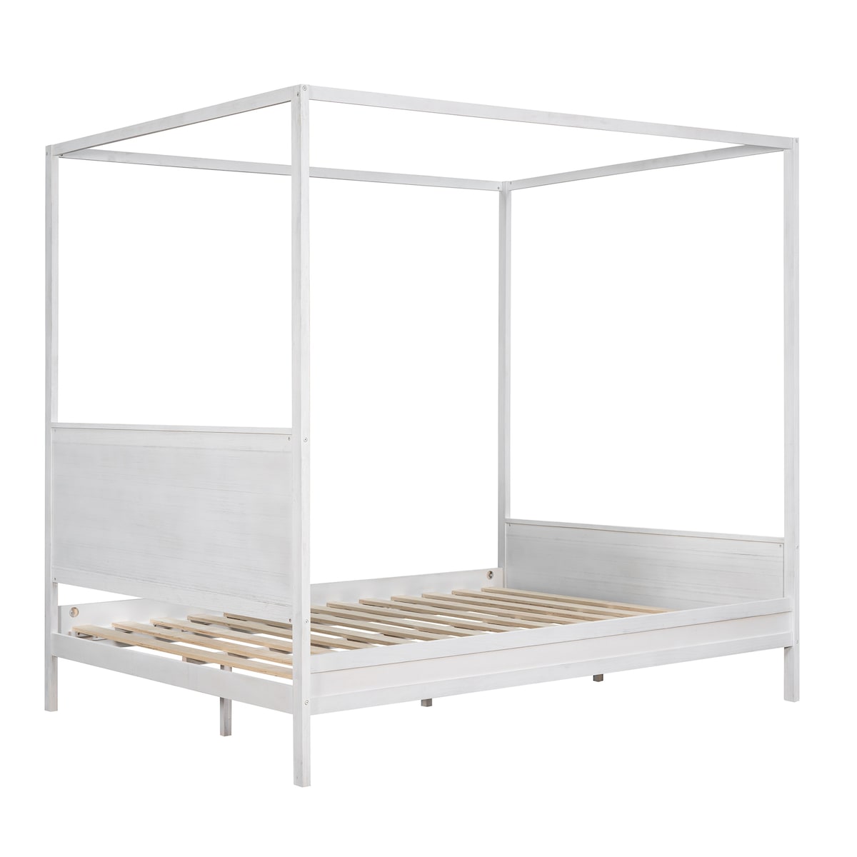 Brushed Queen Wood Canopy Bed Panel Platform Bed with Headboard&Full-length Top Rail&4 Column for Self Customized Decoration